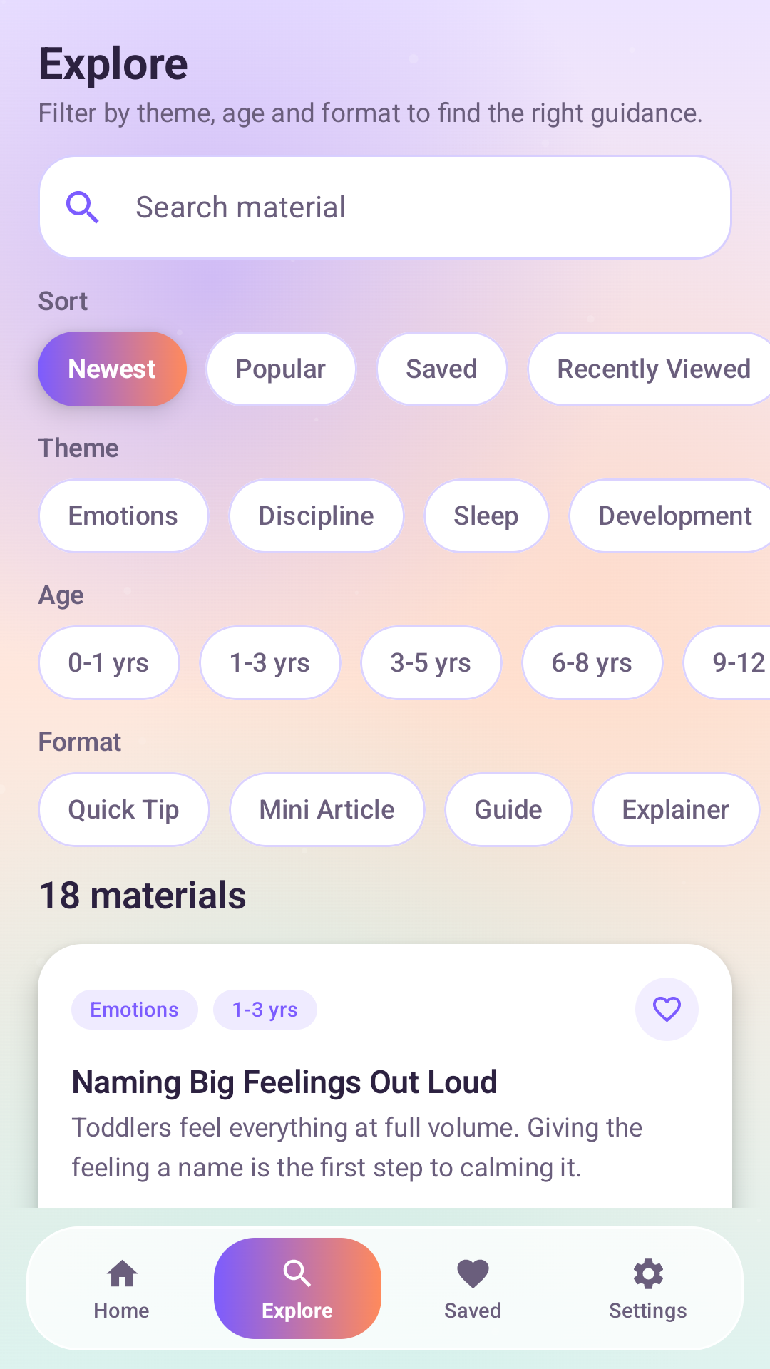 Parenting Compass explore screen with age and theme filters